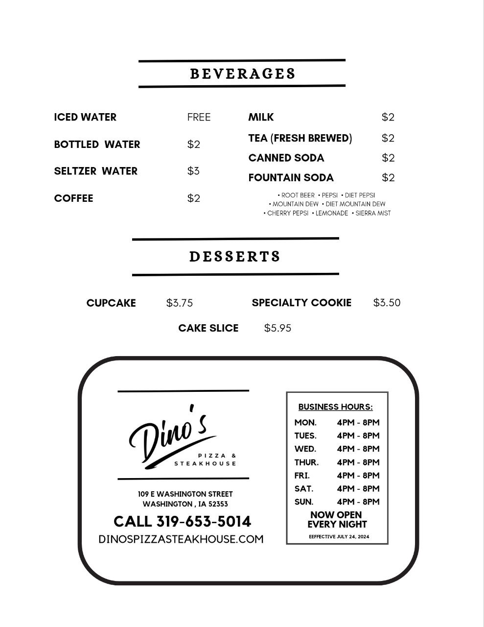 Dinos Drink Menu